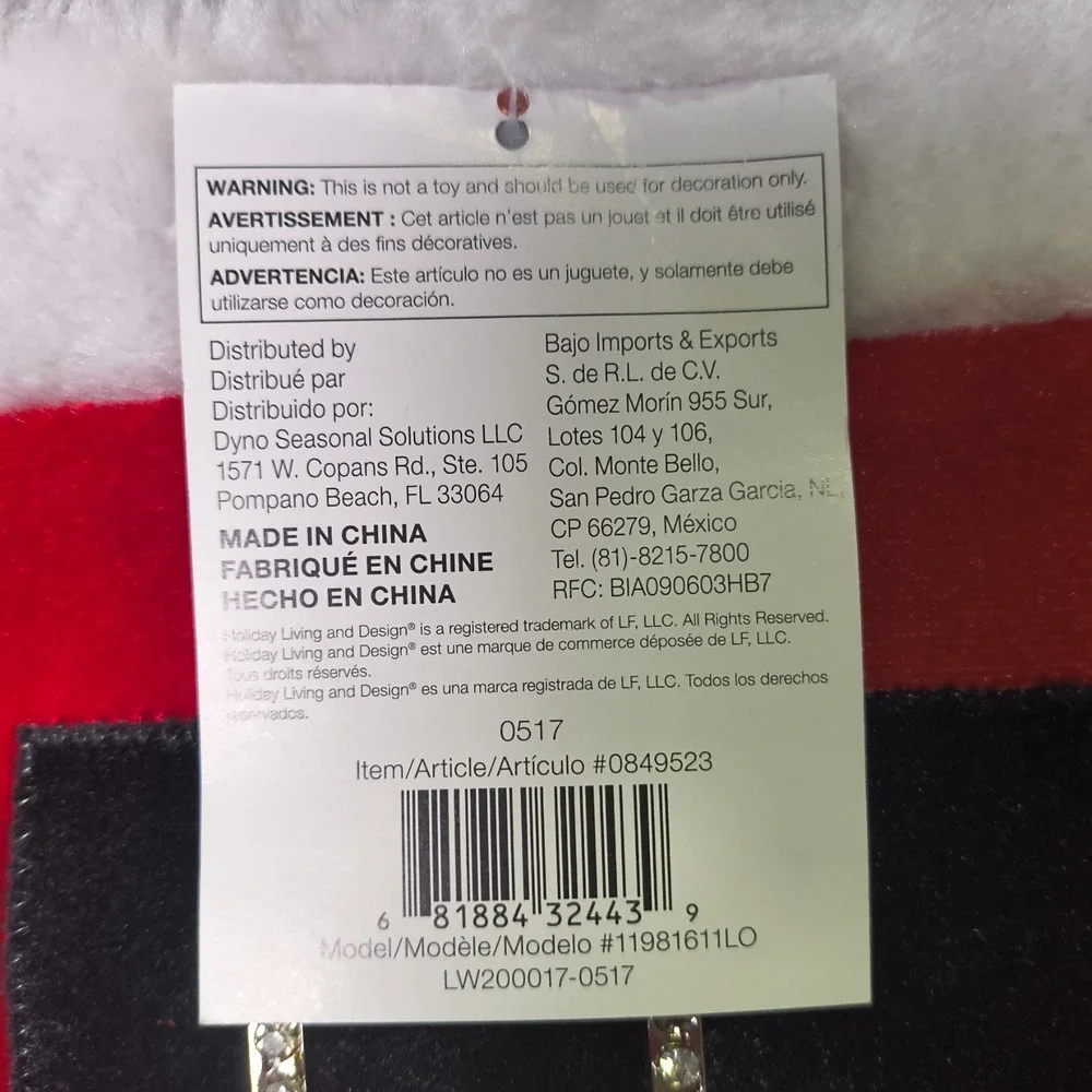 Christmas Stocking, Holiday Living, Ho, Ho, Ho Embroidered on front, 18
